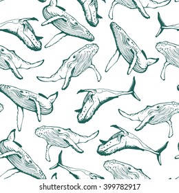 Vector. Seamless hand-drawn whales