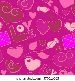 Vector seamless Handwritten lettering quote about love to Valentines day design. Seamless pattern wedding invitation, poster or home decor, calligraphy on a magenta backdrop.