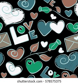 Vector seamless Handwritten lettering quote about love to Valentines day design in brown and green colors. Seamless pattern wedding invitation or poster, home decor and other, calligraphy on a black.
