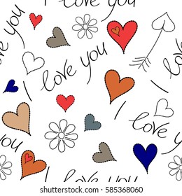 Vector seamless handwritten lettering quote about love to Valentines day design in blue, red and orange colors. Seamless pattern wedding invitation, poster or home decor, design on a white backdrop.