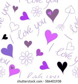 Vector seamless Handwritten lettering quote about love to Valentines day design in violet, purple and black colors. Seamless pattern wedding invitation, poster or flyer, calligraphy on white backdrop.