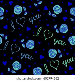 Vector seamless Handwritten lettering quote about love to Valentines day design in green and blue colors. Seamless pattern wedding invitation, poster or home decor, calligraphy on a black backdrop.