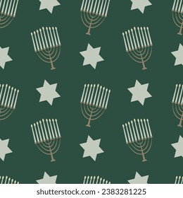 Vector seamless Hanukkah pattern Menorah and star of david on dark green background