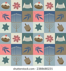 Vector seamless Hanukkah pattern Menorah Torah Star of David in multi colored squares