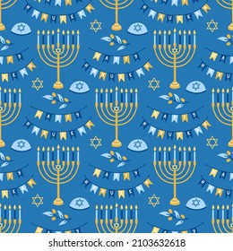 Vektor nahtlose Hanukka Muster. Verschiedene Objekte des jüdischen Lichterfestivals im flachen Stil auf blauem Hintergrund.