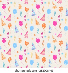 Vector seamless Happy birthday,festive pattern with colorful party hat,air balloon,serpentine with grunge effect