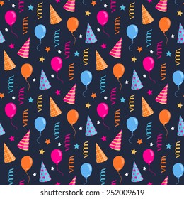 Vector seamless Happy birthday,festive pattern with colorful party hat,air balloon,serpentine