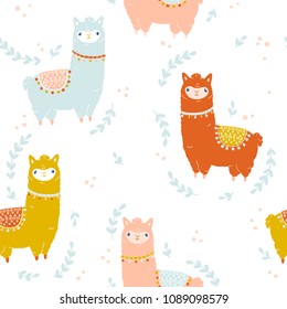 Vector seamless happy llama pattern