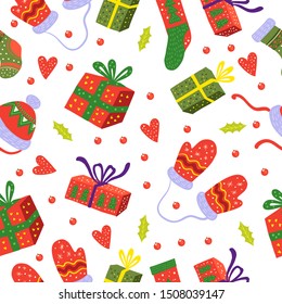Vector seamless Happy New Year pattern with red and green gift boxes, mittens, stockings, hearts, leaves and berries on white background. For wrapping paper, textile, apparel, souvenirs.