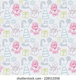 Vector seamless   Happy New Year and Merry Christmas pattern on the notebook sheet into the line with Santa Claus,snowman, Christmas tree, ice skates,gift, candle, Christmas toys, candy,snowflake