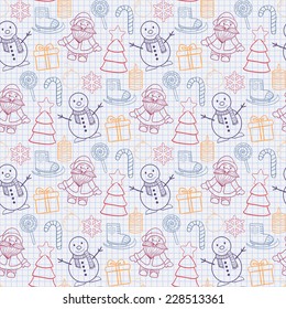 Vector seamless   Happy New Year and Merry Christmas pattern on the notebook sheet into the cell with Santa Claus,snowman, Christmas tree, ice skates,gift, candle, Christmas toys, candy,snowflake