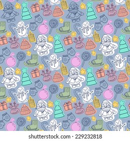 Vector seamless Happy New Year and Merry Christmas pattern with Santa Claus,snowman,Christmas tree,sleigh,candy,house,ice skates,snowflake,gift,candle,Christmas wreath, toys,mittens,hat,scarf,deer
