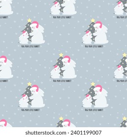 Vector seamless Happy New Year and Merry Christmas winter cute rabbits with noel tree pattern. Festive Xmas background.