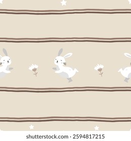 Vector seamless hare pattern with a neutral earthy aesthetic, perfect for modern wallpaper, children s clothing, and cozy woodland-themed decorations