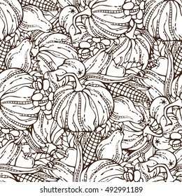 Vector seamless harvest pattern. Plenty of fruits and vegetables. Corn, pumpkin, grape, autumn leaf, apple and pear. Autumn time. Hand-drawn linear boundless background. Duotone illustration.