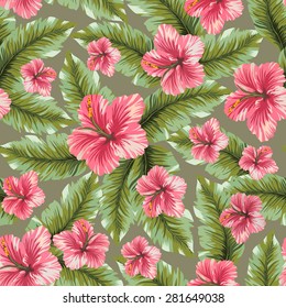 Vector seamless hawaiian flower pattern background. Hibiscus flowers and palm trees leaves seamless texture