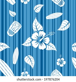 Vector seamless Hawaiian pattern with hibiscus flowers, surf boards and tiki masks 