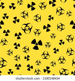 Vector seamless hazard pattern. Radiation and biohazard signs on yellow background.