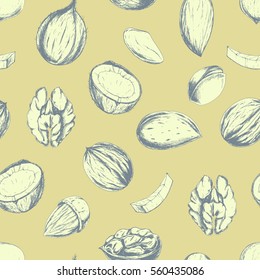 Vector seamless healthy food background with nuts and beans on beige. Hand drawn illustration in vintage style for print, textile, wrapping, menu, and other seamless design. 