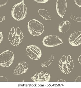 Vector seamless healthy food pattern with nuts and beanson brown. Hand drawn illustration in vintage style for print, textile, wrapping, menu, and other seamless design. 