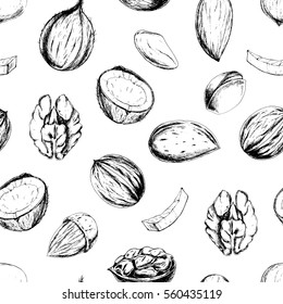 Vector seamless healthy food pattern with nuts and beans. Hand drawn illustration in vintage style for print, textile, wrapping, menu, and other seamless design. Black on white.