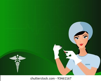 fondo de color verde del latido cardíaco transparente vectorial con aguja uniformada en mano