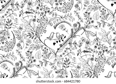 vector seamless Heart and floral pattern black and white