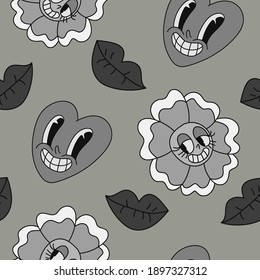 Vector seamless heart, lips and flower pattern. Hand drawn texture in cartoon retro black and white doodle style.