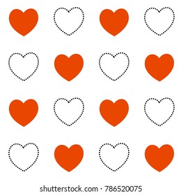 vector seamless heart pattern, Love symbol graphic background, red and black doted line hearts cute pattern on white. Valentine day backdrop