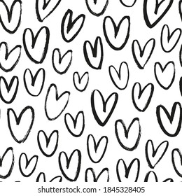 Vector seamless heart pattern. Valentine's Day ornament. Hand drawn abstract seamless background with grunge heart. Black and white vector wallpaper. Ornament for wrapping paper, gift wrap, print