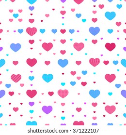 Vector seamless hearts pattern for Valentines day. Pink, magenta, sky blue and violet, white background.