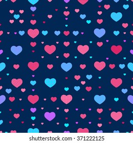Vector seamless hearts pattern for Valentines day. Pink, magenta, sky blue and violet, dark blue background.