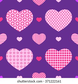 Vector seamless hearts pattern for Valentines day. Pink and magenta, violet background.
