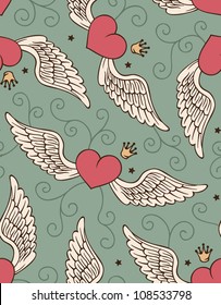 vector seamless with hearts and wings