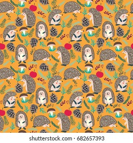 Vector seamless hedgehog cute pattern. Cute background with Hedgehog forest set illustration