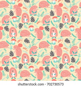 Vector seamless hedgehog cute pattern. Cute background with Hedgehog forest set illustration