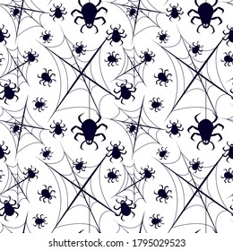 vector seamless helloween pattern with black and white elements spider, cobweb on white background for fabrics, paper, textile, gift wrap