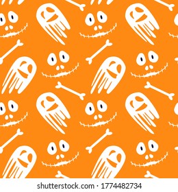 vector seamless helloween pattern with ghost, skull, bones, skeleton on orange background for fabrics, paper, textile, gift wrap, for invitations, greeting cards, business card