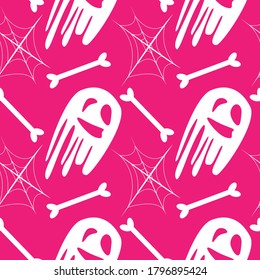 vector seamless helloween pattern with ghost, bones, skeleton on pink background for fabrics, paper, textile, gift wrap, for invitations, greeting cards, business card