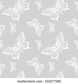 Vector seamless with hend drawn butterfly on grey