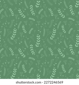 Vector seamless herbal pattern. Leaves and umbrella flowers on a green background.