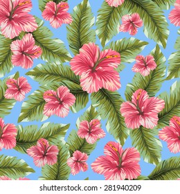 Vector seamless hibiscus flower with leafs on blue background. Tropical seamless background