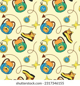 Vector seamless hiking pattern with sneakers, backpack and compass. Summer wrapping paper or fabric on the theme of hiking, tourism and adventure.