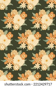 Vector seamless hippie pattern with bouquet groovy flowers. Blossom retro texture with different flowers on dark green background. Floral old fashioned background for fabrics and wallpapers.