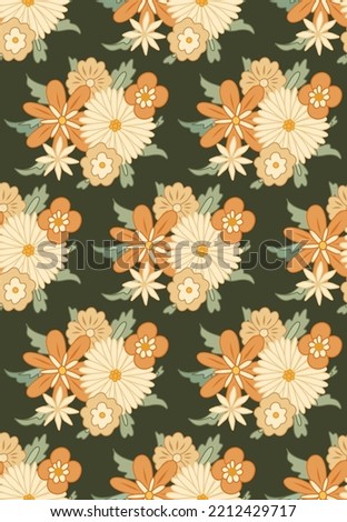 Vector seamless hippie pattern with bouquet groovy flowers. Blossom retro texture with different flowers on dark green background. Floral old fashioned background for fabrics and wallpapers.