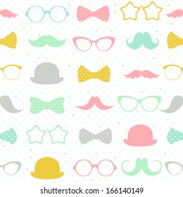 Vector seamless hipster background . Retro mustaches, glasses and bows. Kid's elements for scrap-booking. Childish background. Hand drawn vector illustration. 