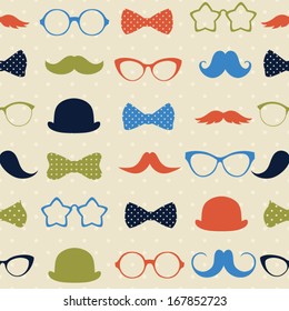 Vector seamless hipster background . Retro mustaches, glasses and bows. Kid's elements for scrap-booking. Childish background. Hand drawn vector illustration. 