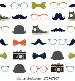 Vector seamless hipster background . Retro mustaches, glasses, bows, cameras and gym-shoes. Kid's elements for scrap-booking. 