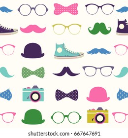 Vector seamless hipster background . Retro mustaches, glasses, bows, cameras and gym-shoes. Kid's elements for scrap-booking.