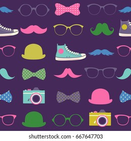 Vector seamless hipster background . Retro mustaches, glasses, bows, cameras and gym-shoes. Kid's elements for scrap-booking.